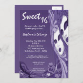 5x7 Paarse Masquerade Sweet 16 Verjaardag Uitnodig Kaart (Voorkant / Achterkant)