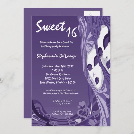 5x7 Paarse Masquerade Sweet 16 Verjaardag Uitnodig Kaart (Voorkant / Achterkant)