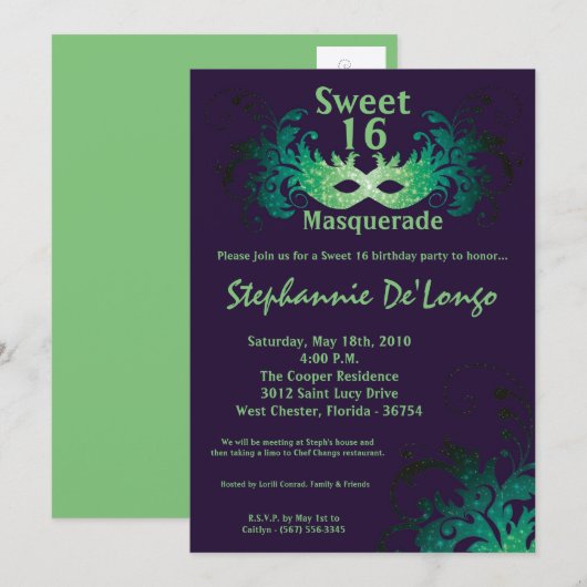 5x7 Paarse Masquerade Sweet 16 Verjaardag Uitnodig Kaart (Voorkant / Achterkant)