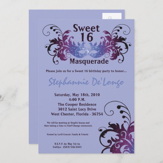 5x7 Paarse Masquerade Sweet 16 Verjaardag Uitnodig Kaart (Voorkant / Achterkant)