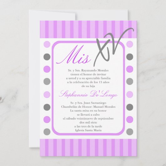 5x7 Paarse Polka Dot Quinceanera Party Uitnodiging (Voorkant)