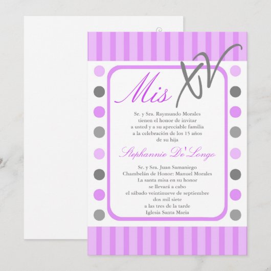 5x7 Paarse Polka Dot Quinceanera Party Uitnodiging (Voorkant / Achterkant)