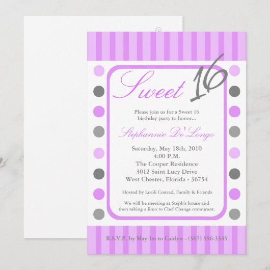 5x7 Paarse Polka Dot Sweet 16 Verjaardag Uitnodigi Kaart (Voorkant / Achterkant)