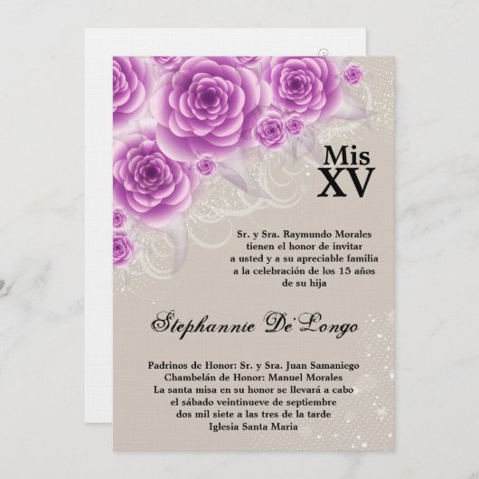 5x7 Paarse Rozen Quinceanera Birthday Uitnodiging (Voorkant / Achterkant)