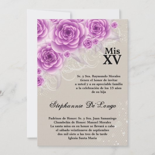 5x7 Paarse Rozen Quinceanera Birthday Uitnodiging (Voorkant)