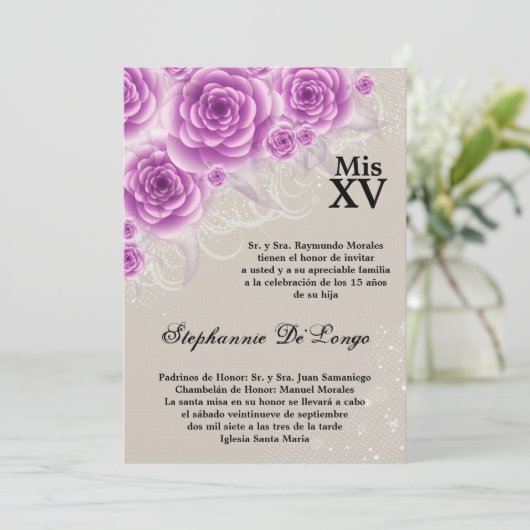 5x7 Paarse Rozen Quinceanera Birthday Uitnodiging (Staand voorkant)