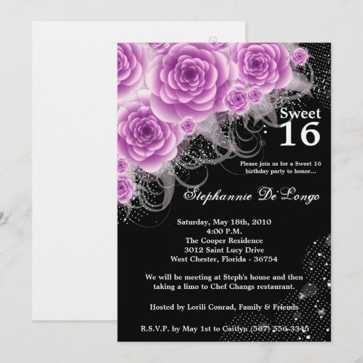 5x7 Paarse Rozen Sweet 16 Verjaardag Uitnodiging (Voorkant / Achterkant)