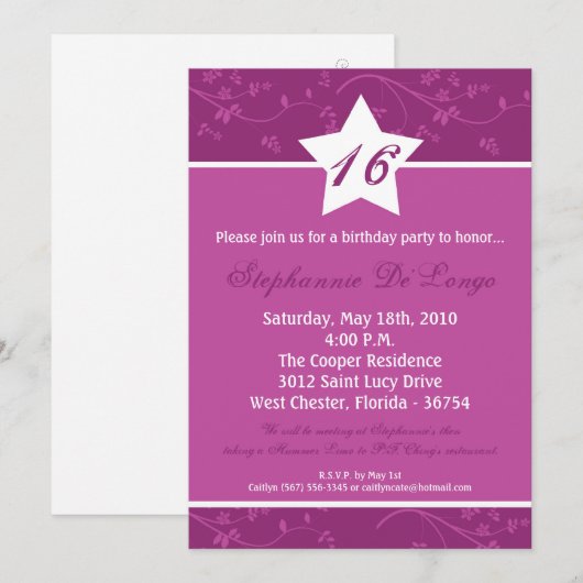 5x7 Paarse STAR Flower Sweet16 Verjaardag Uitnodig Kaart (Voorkant / Achterkant)