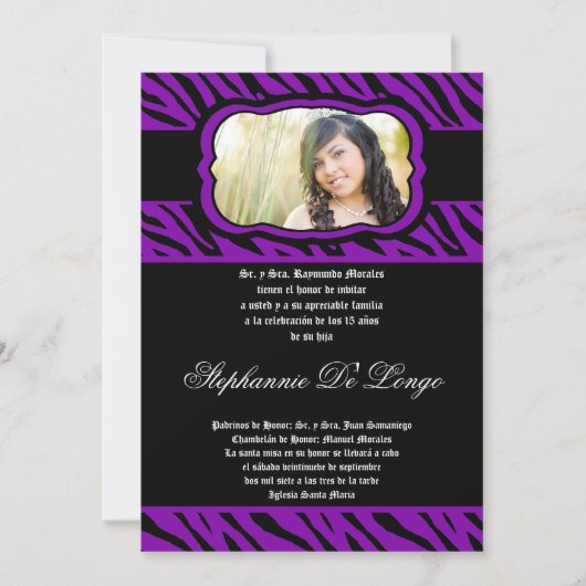 5x7 Paarse Zebra Print Quinceanera Uitnodiging (Voorkant)