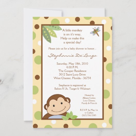 5x7 Papagayo Monkey Oerwoud Baby shower Uitnodigin Kaart (Voorkant)