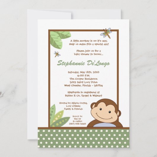 5x7 Papagayo Monkey Safari Baby Shower Invitation Kaart (Voorkant)