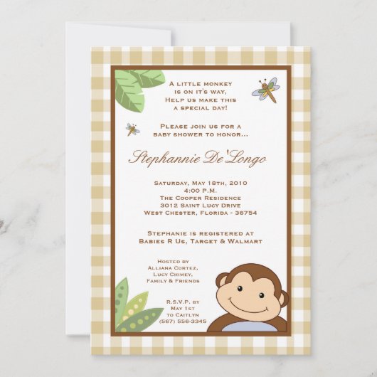5x7 Papagayo Monkey Safari Baby Shower Invitation Kaart (Voorkant)