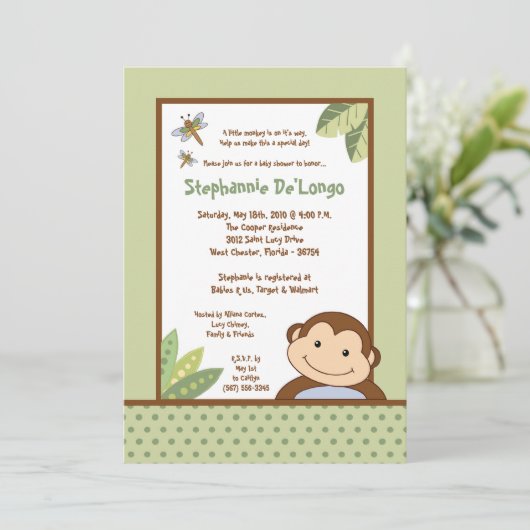 5x7 Papagayo Monkey Safari Baby shower Uitnodiging (Staand voorkant)