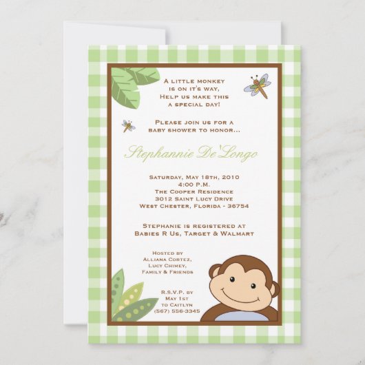 5x7 Papagayo Monkey Safari Baby shower uitnodiging (Voorkant)