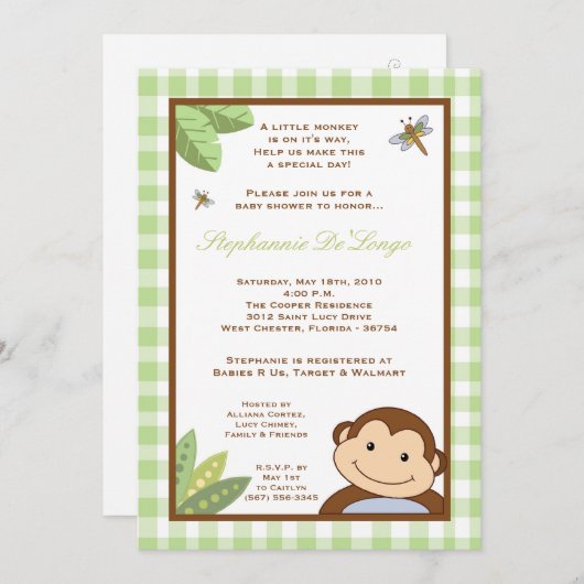5x7 Papagayo Monkey Safari Baby shower uitnodiging (Voorkant / Achterkant)