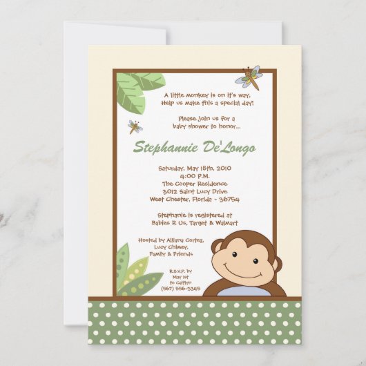 5x7 Papagayo Monkey Safari Baby Shower Uitnodiging (Voorkant)