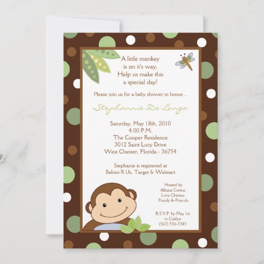 5x7 Papagayo Monkey Safari Baby shower Uitnodiging (Voorkant)