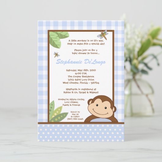 5x7 Papagayo Monkey Safari Baby shower Uitnodiging (Staand voorkant)