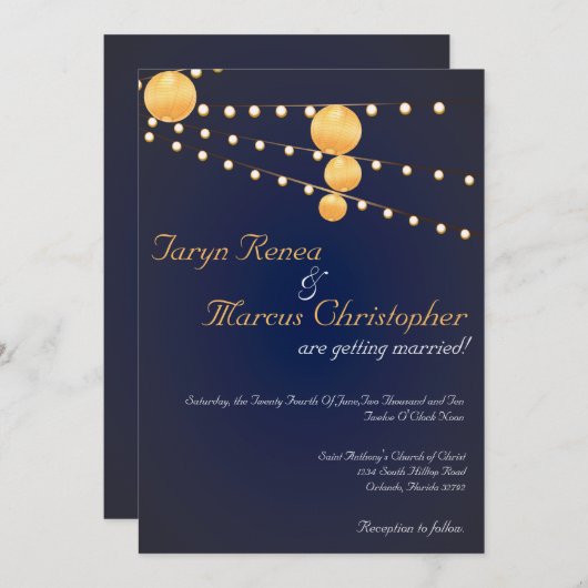 5x7 papieren lantaarns blauw linnen bruiloft uitno kaart (Voorkant / Achterkant)