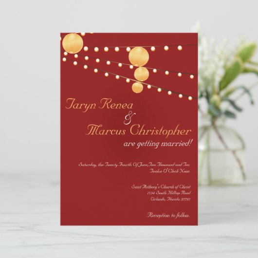 5x7 papieren lantaarns rood linnen bruiloft uitnod kaart (Staand voorkant)