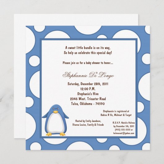 5x7 Penguin Pok-a-Dot Baby shower Kaart (Voorkant / Achterkant)