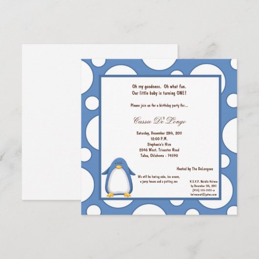 5x7 Penguin Pok-a-Dot Birthday Party Invite Kaart (Voorkant / Achterkant)