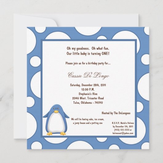 5x7 Penguin Pok-a-Dot Birthday Party Invite Kaart (Voorkant)
