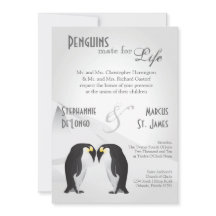 5x7 Penguins Mate for Life Gray Wedding Invitation