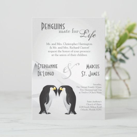 5x7 Penguins Mate for Life Gray Wedding Invitation Kaart (Staand voorkant)
