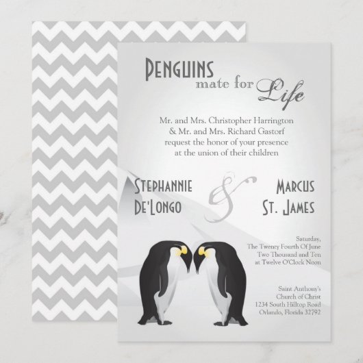 5x7 Penguins Mate for Life Gray Wedding Invitation Kaart (Voorkant / Achterkant)