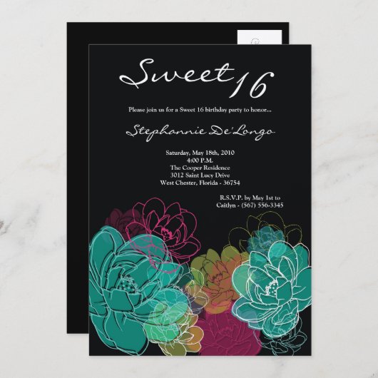 5x7 Peony Flower Sweet 16 Verjaardag Uitnodiging (Voorkant / Achterkant)