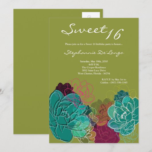 5x7 Peony Flower Sweet 16 Verjaardag Uitnodiging (Voorkant / Achterkant)