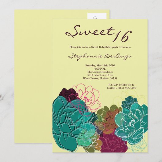 5x7 Peony Flower Sweet 16 Verjaardag Uitnodiging (Voorkant / Achterkant)