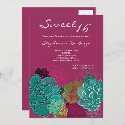 5x7 Peony Flower Sweet 16 Verjaardag Uitnodiging (Voorkant / Achterkant)