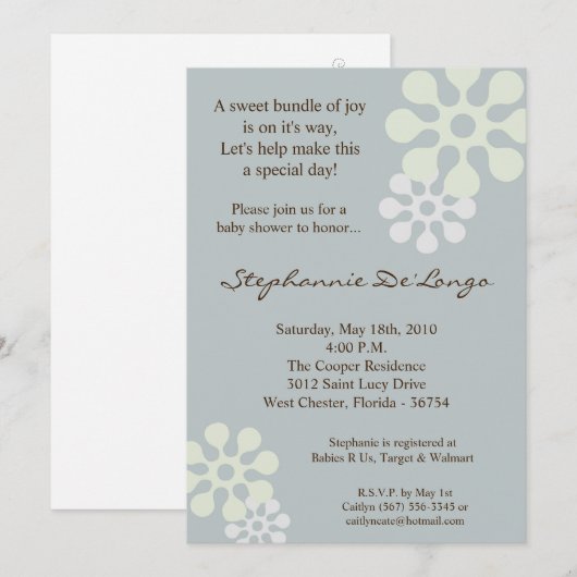 5x7 Perwinkle Blue Flower Baby shower Invitation Kaart (Voorkant / Achterkant)
