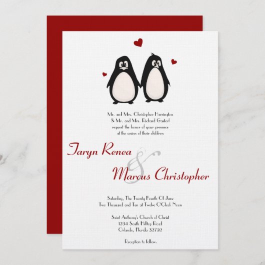 5x7 Pinguïn Love Couple Mate Weddenschap Uitnodigi Kaart (Voorkant / Achterkant)