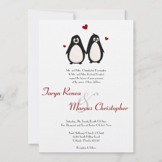 5x7 Pinguïn Love Couple Mate Weddenschap Uitnodigi Kaart (Voorkant)