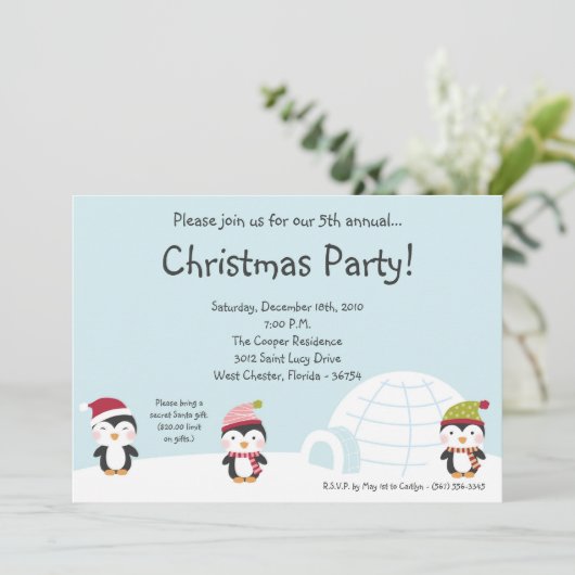 5x7 Pinguins Igloo - Uitnodiging voor kerstfeestda (Staand voorkant)