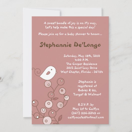 5x7 Pink Bird Retro Struik Baby shower Uitnodiging (Voorkant)