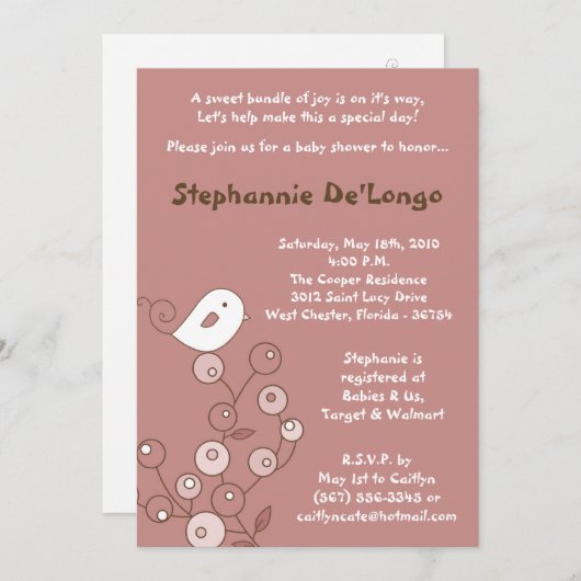 5x7 Pink Bird Retro Struik Baby shower Uitnodiging (Voorkant / Achterkant)