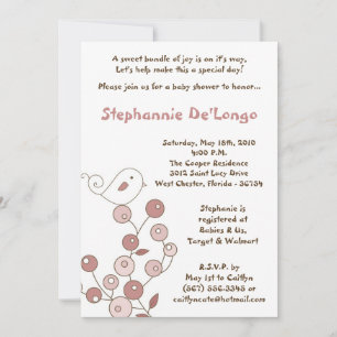 5x7 Pink Bird Retro Struik Baby shower Uitnodiging