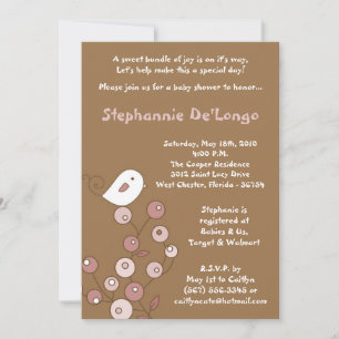 5x7 Pink Bird Retro Struik Baby shower Uitnodiging