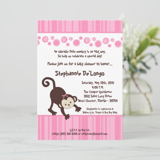 5x7 :Pink Girl Pop Monkey Baby shower Uitnodiging (Staand voorkant)