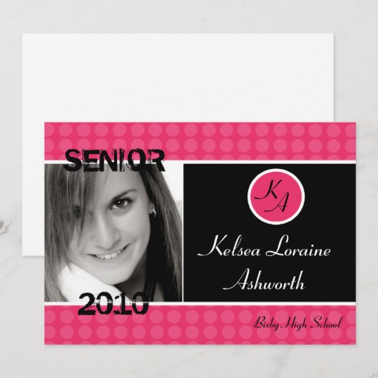 5x7 Pink Polka Dot Foto Afstuderen Aankondiging (Voorkant / Achterkant)