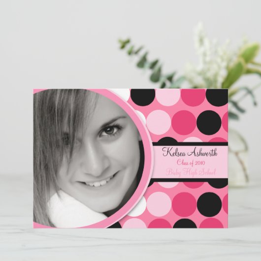 5x7 Pink Polka Dot Foto Afstuderen Aankondiging (Staand voorkant)
