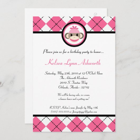 5x7 Pink Sock Monkey Speelgoed Birthday Part Invit Kaart (Voorkant / Achterkant)