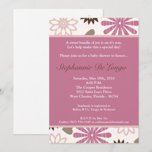 5x7 PinkPurple Retro Flower Baby shower Uitnodigin Kaart (Voorkant / Achterkant)