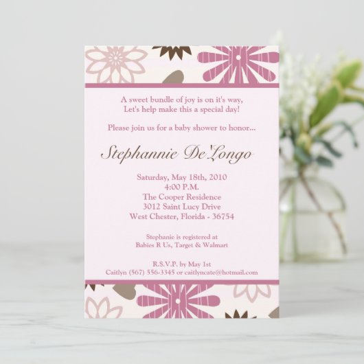 5x7 PinkPurple Retro Flower Baby shower Uitnodigin Kaart (Staand voorkant)