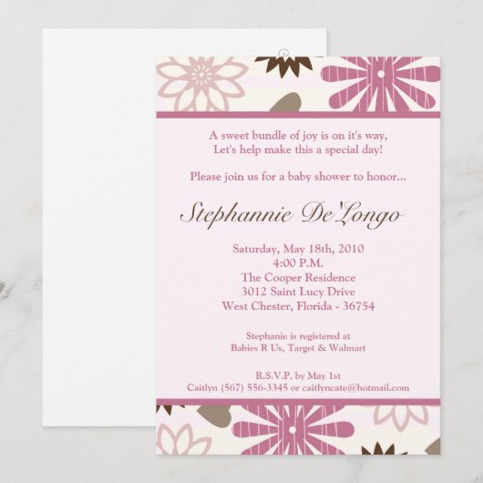 5x7 PinkPurple Retro Flower Baby shower Uitnodigin Kaart (Voorkant / Achterkant)