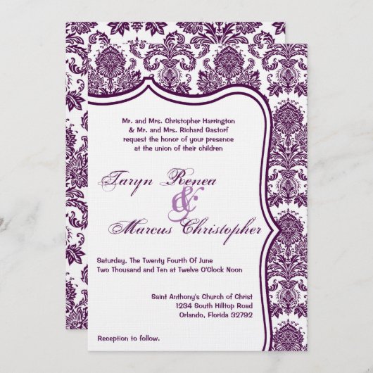 5x7 Plum Paars Damask Lace Wedding Invitation Kaart (Voorkant / Achterkant)
